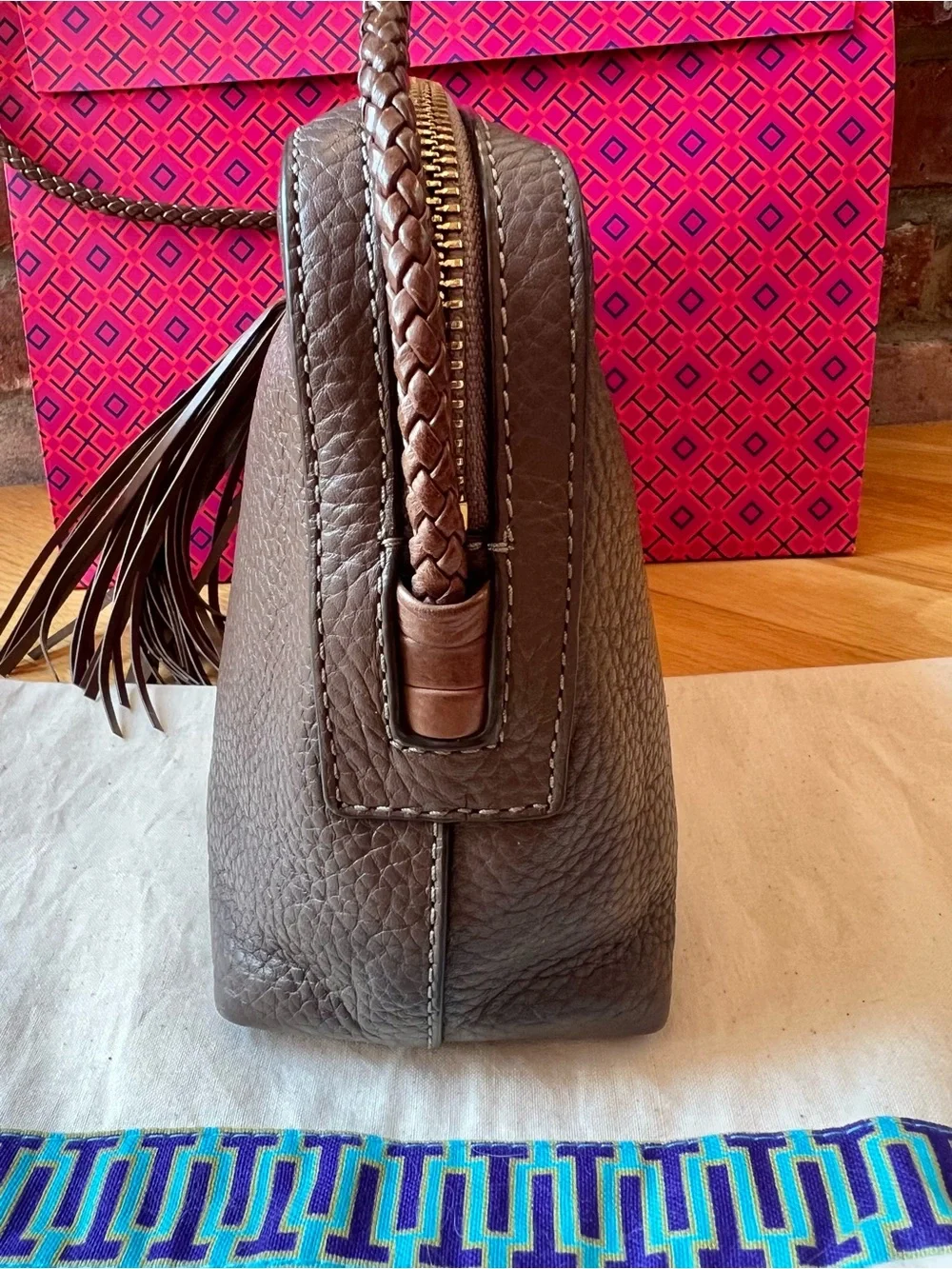 Tory Burch Brown Taupe Silver Maple Taylor Camera Crossbody Shoulder Bag